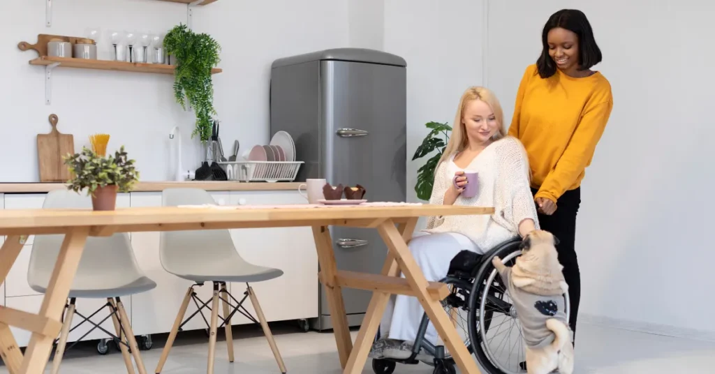 Two women in a modern kitchen, one using a wheelchair, sharing a relaxed moment with a small dog standing nearby.