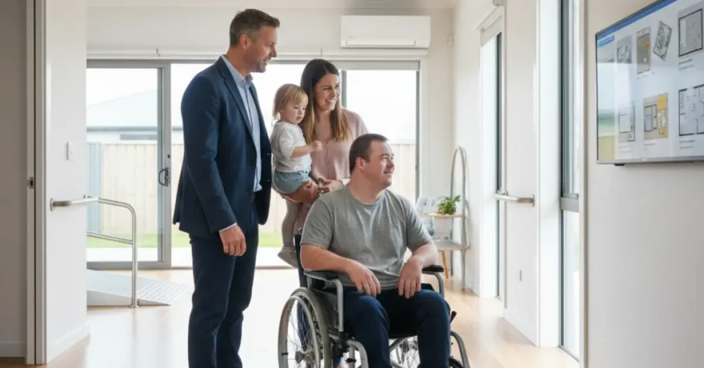 NDIS participant using a wheelchair touring an accessible home with family and support coordinator, discussing housing options and supported independent living in a modern space.