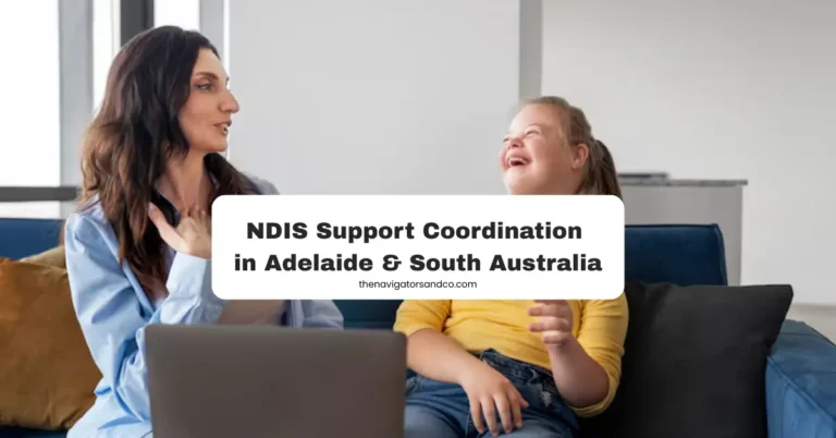 A woman in a wheelchair smiles confidently in a professional office setting, representing the personalized journey of NDIS coordination. Behind her, colleagues work with data charts on a large screen and a desktop monitor, highlighting the analytical side of support services.