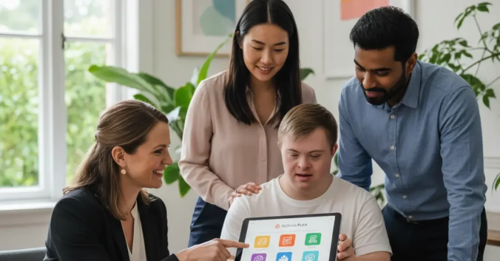 Disability support coordinators sitting with an NDIS participant, reviewing a digital NDIS plan together on a tablet in a bright, supportive indoor environment.
