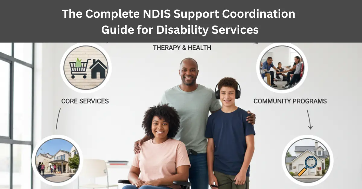 Group of people smiling together with an NDIS participant in a wheelchair, surrounded by icons representing core services, therapy and health, community programs, and housing as part of NDIS support coordination.